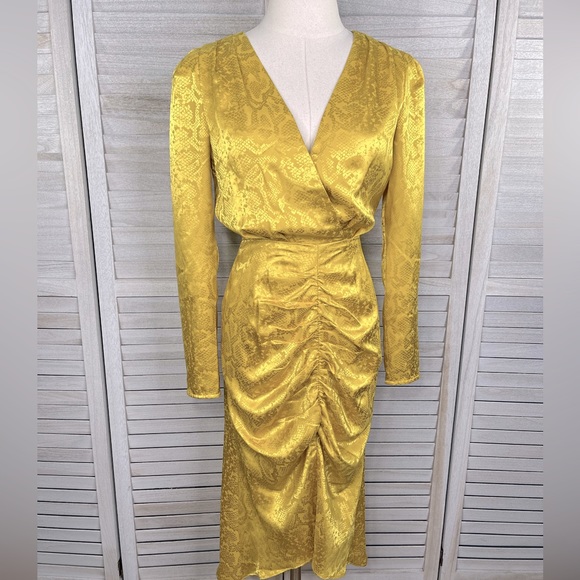 WAYF Ronni Ruched Long Sleeve Midi Dress Yellow Jacquard Snake Print-XS - Picture 1 of 7